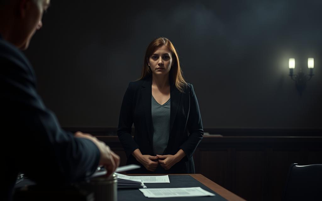 A Dimly Lit Courtroom Scene, The Judge's Bench In The Foreground Casting A Somber Shadow. In The Middle Ground, A Woman Stands With A Stoic Expression, Surrounded By Legal Documents And Official-Looking Papers. The Background Is Hazy, Suggesting The Weight And Gravity Of The &Quot;No-Drop Policy&Quot; That Constrains Her Choices In A Domestic Violence Case. The Lighting Is Soft And Moody, Creating A Sense Of Tension And Unease. The Overall Composition Conveys The Complexity And Emotional Burden Faced By Victims Navigating The Legal System Under These Rigid Guidelines.