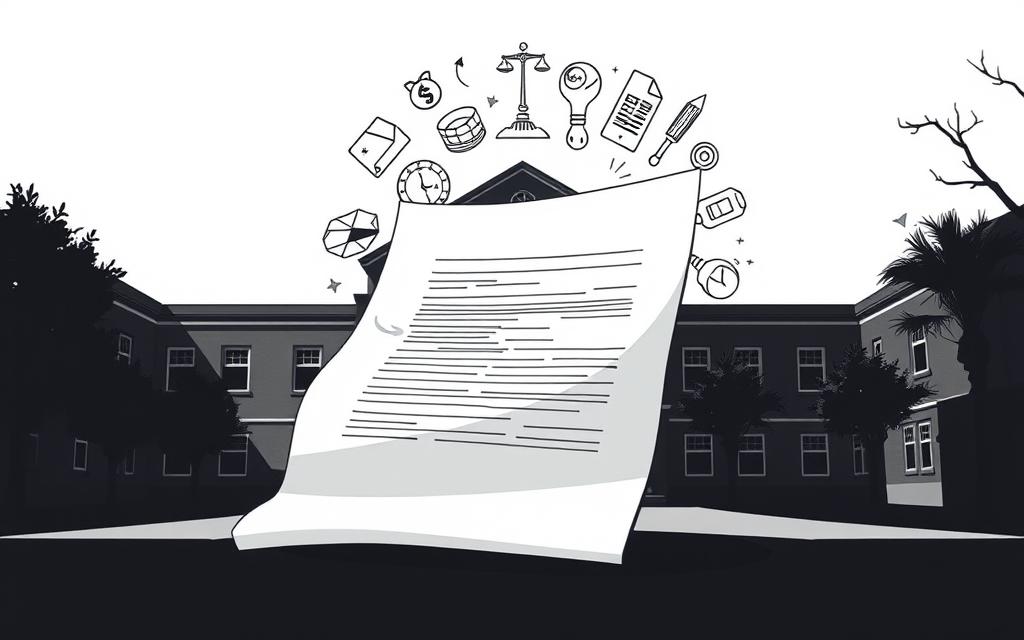 A High-Contrast, Architectural Illustration Depicting A School Building In The Background, With A Foreground Focused On A Legal Document Or Writ Unfurling, Surrounded By A Halo Of Legal Symbols And Iconography. Soft, Directional Lighting From The Left Casts Dramatic Shadows, Conveying A Sense Of Gravity And Importance. The Overall Mood Is One Of Seriousness And Deliberation, Reflecting The Gravity Of A School-Related Lawsuit. The Scene Is Rendered In A Stylized, Technical Drawing Aesthetic, With Clean Lines And Minimal Color Palette To Emphasize The Conceptual Nature Of The Image.