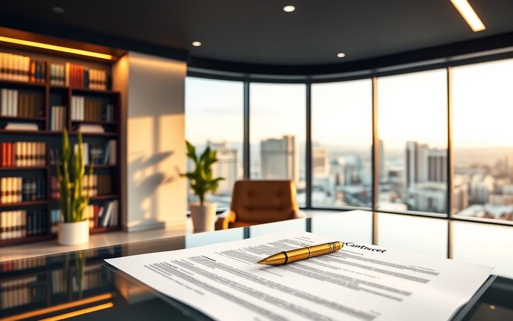A Modern, Minimalist Office Space With Sleek Interior Design. In The Foreground, A Legal Contract Sits On A Glass-Topped Desk, Surrounded By A Leather Armchair And A Potted Plant. The Middle Ground Features A Large Window Overlooking The Iconic Las Vegas Skyline, Bathed In Warm, Golden Lighting. The Background Showcases A Bookshelf Filled With Legal Tomes And Accented By A Subtle, Indirect Lighting System. The Overall Atmosphere Conveys A Sense Of Professionalism, Expertise, And Attention To Detail, Reflecting The &Quot;Asset Advocates: Real Estate And Contract Lawyers Las Vegas&Quot; Brand.