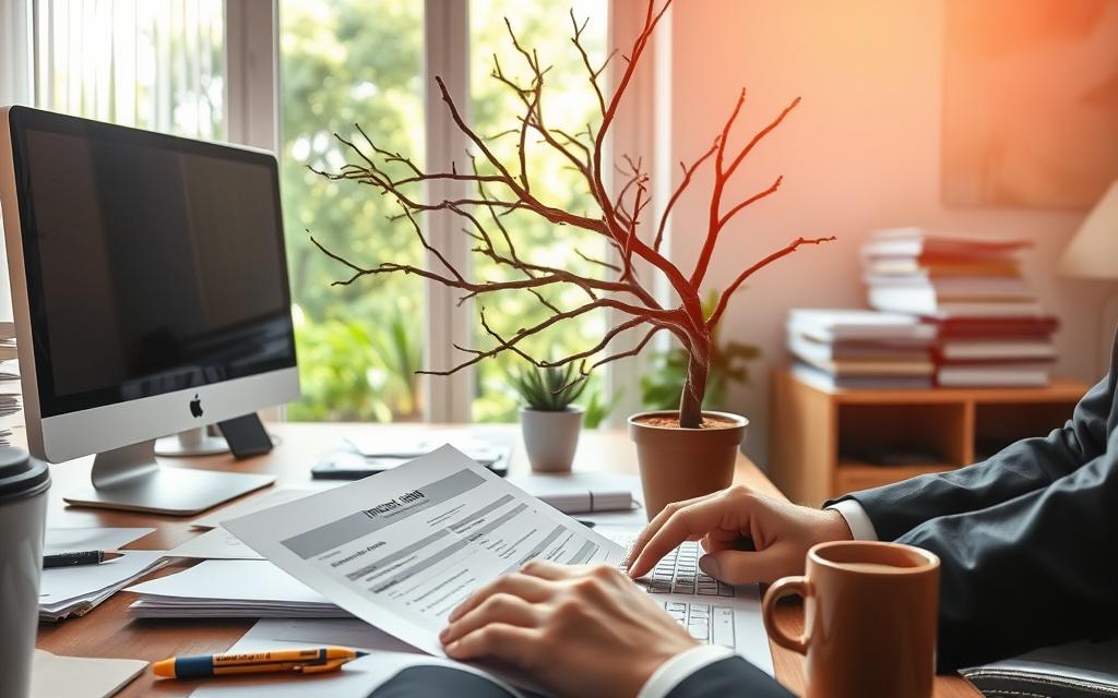 A Sunlit Office Interior With A Cluttered Desk, Computer Monitor, And Stacks Of Documents. In The Foreground, A Person In A Suit Reviewing An Insurance Claim Form, Fingers Poised Thoughtfully Over The Keyboard. On The Desk, A Potted Tree With Broken Branches Serves As The Focal Point, Hinting At The Damage And Claim Being Processed. Warm Lighting Casts A Professional Atmosphere, While The Window In The Background Reveals A Lush, Verdant Backyard, Suggesting The Outdoor Setting That Precipitated The Insurance Claim. Subtle Details Like A Pen, Highlighter, And Coffee Mug Complete The Scene, Creating An Immersive Visual Narrative Of The Insurance Claim Process For Tree Damage.