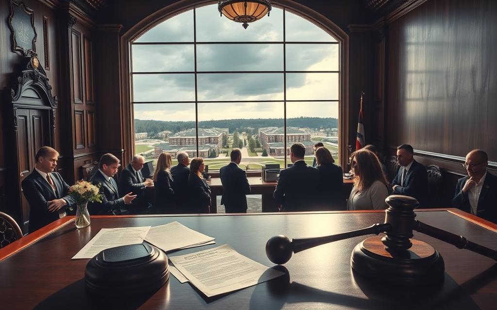 A Well-Lit Courtroom With High Ceilings And Ornate Wooden Paneling. In The Foreground, A Table With Legal Documents And A Gavel, Casting Long Shadows. In The Middle Ground, A Group Of Concerned Parents And School District Officials Engaged In Tense Discussion. In The Background, A Large Window Overlooking A Sprawling Suburban School Campus Under A Moody, Dramatic Sky. The Scene Conveys The Gravity And High Stakes Of A School District Lawsuit, With A Sense Of Anticipation And Unresolved Tension.