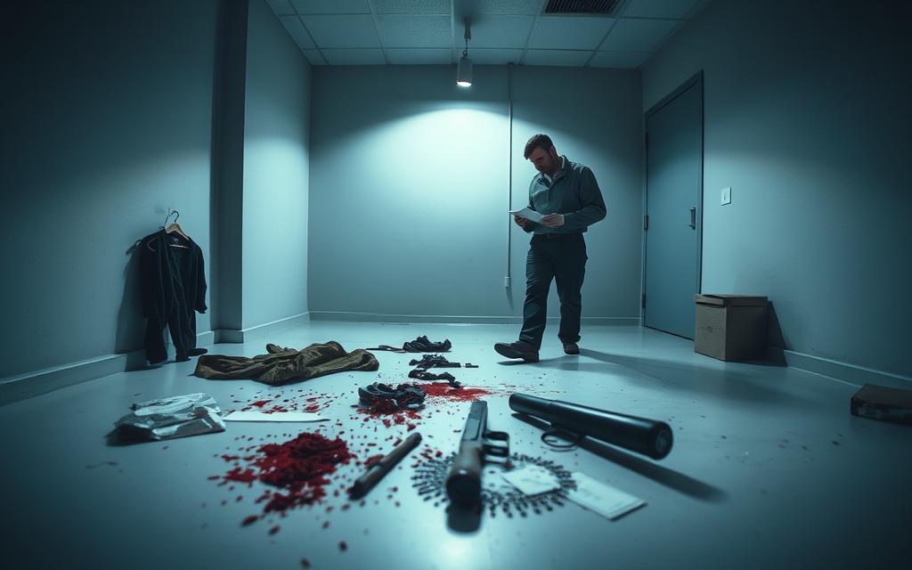 A Well-Lit Crime Scene, Meticulously Documented. A Lone Detective Carefully Examines A Collection Of Evidence - Bloodied Clothing, A Shattered Weapon, Fingerprints Lifted From A Surface. The Room Is Stark And Clinical, With A Palpable Sense Of Gravity. Shadows Linger In The Corners, Hinting At The Gravity Of The Situation. The Camera Angle Is Slightly Elevated, Giving The Viewer A Sense Of Observing The Investigation Unfold. The Overall Mood Is Somber And Serious, Conveying The Importance Of The Evidence In Securing Justice.