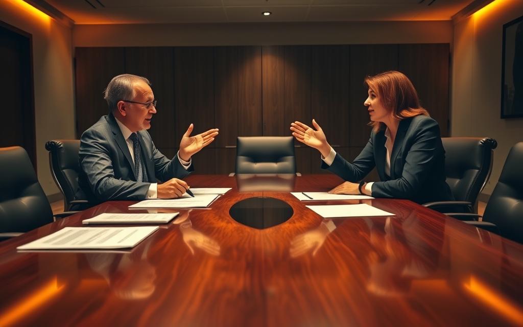 A Conference Room With A Large Mahogany Table, Legal Documents And Contracts Scattered Across Its Surface. Two Businesspeople, A Man And A Woman, Engage In A Serious Discussion, Gesturing Animatedly As They Negotiate The Terms Of An Easement Agreement. Warm, Directional Lighting Illuminates Their Faces, Creating A Sense Of Intensity And Concentration. The Room'S Neutral Tones And Clean Lines Convey A Professional, Formal Atmosphere, While The Body Language Of The Negotiators Suggests A Delicate Balance Of Compromise And Assertiveness. The Overall Scene Captures The Essence Of An &Quot;Easement Negotiation Strategy&Quot; Within The Context Of A Landlocked Property Dispute.
